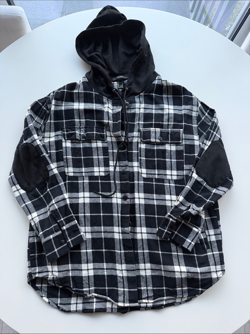 Forever 21 Black and White Plaid Hooded Shirt